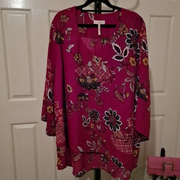 Millers 22 Red Floral Sheer Longsleeves Semi Formal Summer Blouse Tops - Picture 1 of 7